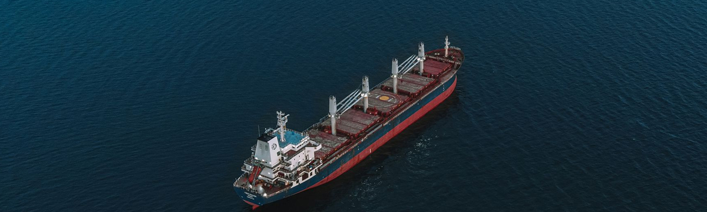 Aerial view of a bulk carrier ship at sea