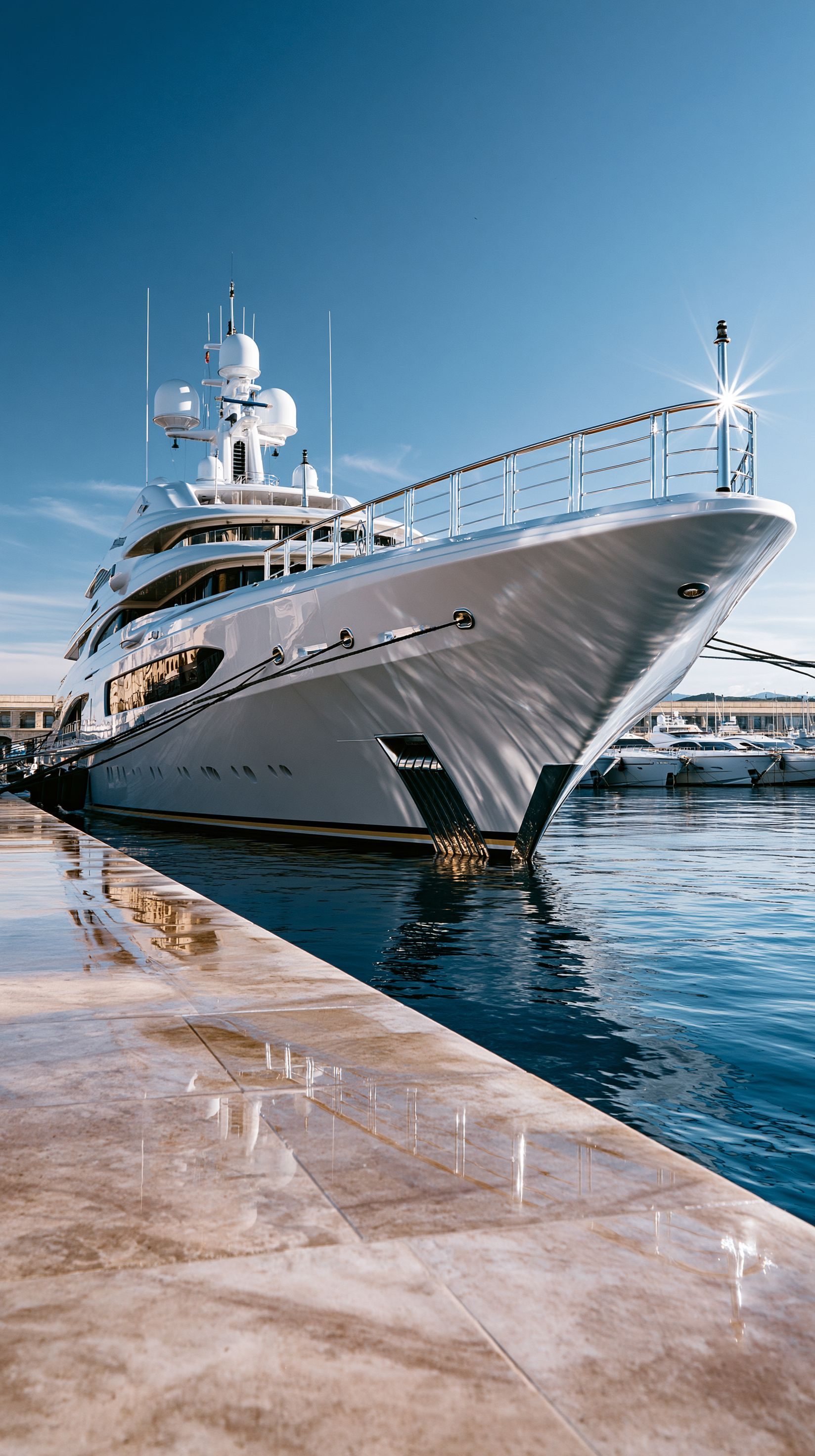 White motor yacht moored alongside a stone quay